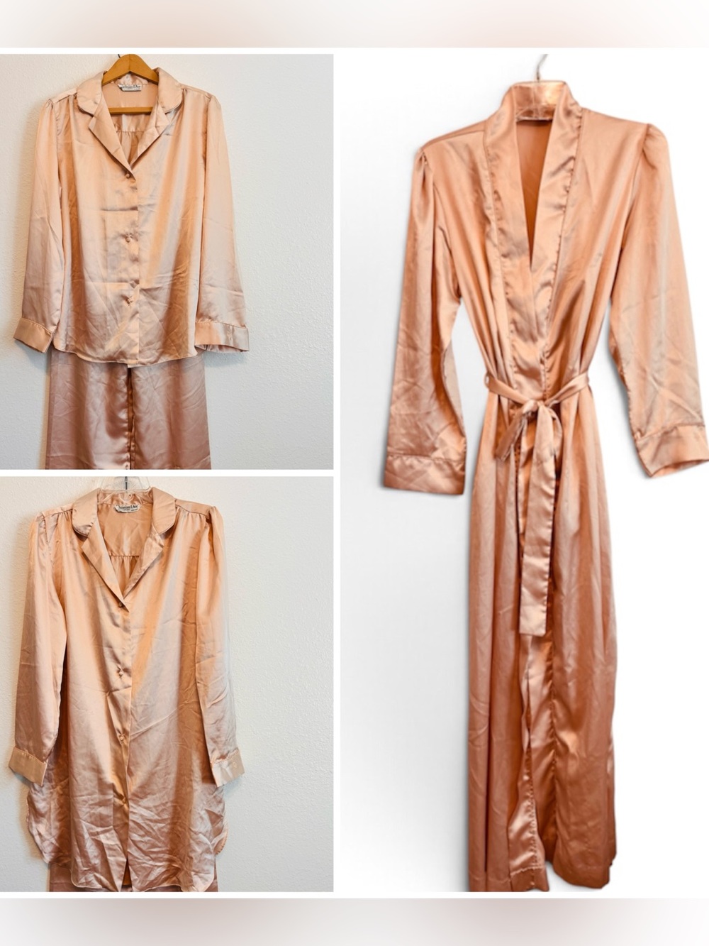 Vintage Christian Dior Silky Satin Pink Blush 4 Pc Pajama Set Sleep Shirt Robe M